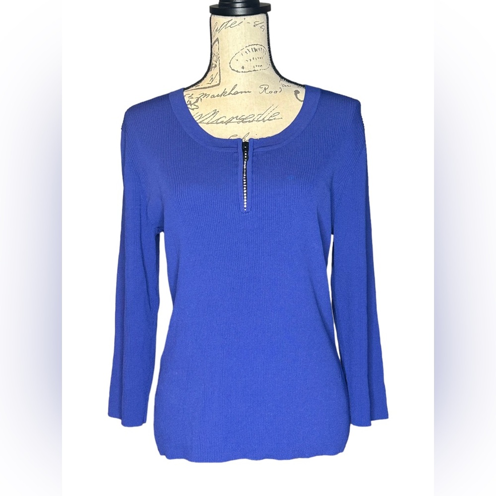 Cable & Gauge 3/4 sleeves ribbed sweater blouse rhinestone zipper size XL EUC